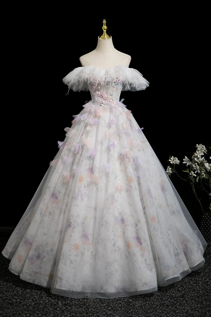 A-Line Flower Tulle Long Prom Dress, Gray Off the Shoulder Party Dress